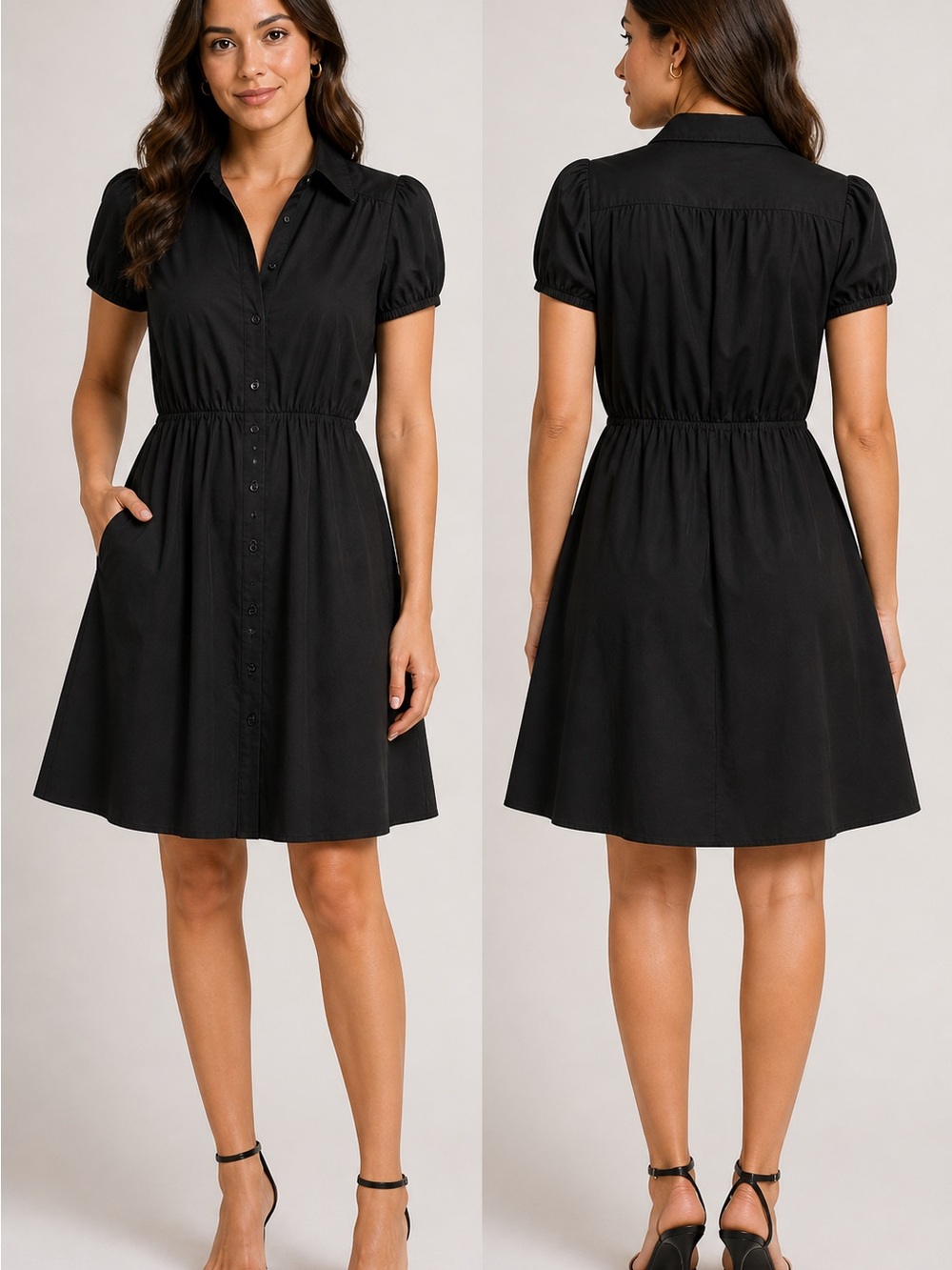 BCX Black Button Front Shirt Dress | Puff Sleeve Elastic Waist Mini | Size L